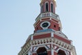 Nizhny Novgorod, Russia, July 6, 2023. Fragment of the bell tower of the Nativity Church with a clock.