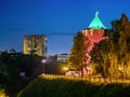 NIZHNY NOVGOROD, RUSSIA - JUNE 4, 2020: Night view of Kremlin Koromyslova Tower in Nizhny Novgorod after sunset. Royalty Free Stock Photo