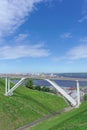 Nizhny Novgorod, Russia. - June 21.2018. Pedestrian bridge across the Sergievsky ravine on the background of the Arrow