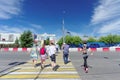 Nizhny Novgorod, Russia. - June 30.2016. Pedestrian crossing across Lenin Square opposite Nizhny Novgorod trade fairs