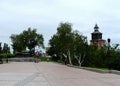 View of the Clock tower and a monument to the T-34 tank in the Nizhny Novgorod Kremlin.