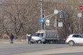 Nizhny Novgorod, Russia. - March 14.2017. Employees of the State Traffic Safety Inspectorate inspect cars in Lenin Royalty Free Stock Photo