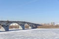 Nizhny Novgorod, Russia. - March 14.2017. Kanavinsky Bridge over the Oka River. View from the high bank side.