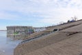 Nizhny Novgorod, Russia. - March 24.2017. Lined with concrete slabs of the Oka river bank. The beginning of the construction site