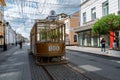 Nizhny Novgorod, Russia, May 29, 2023. The famous commemorative streetcar on Bolshaya Pokrovskaya - the main pedestrian