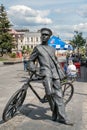 Nizhny Novgorod, Russia. May 30, 2023. Sculpture of a postman with a bicycle on Bolshaya Pokrovskaya Street. Urban small