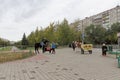 Nizhny Novgorod, Russia. - October 06.2017. Entertainment for the children the opportunity to ride on a pony or a horse-drawn carr