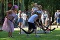 Nizhny Novgorod, Russia. switzerland park, 08.06.2022. Children play field hockey in the park in summer.