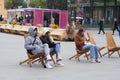 Nizhny Novgorod, Russia, Switzerland Park, 02.09.2021 People sit in a park outdoors in autumn.