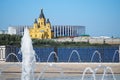 Nizhny Novgorod, Russia, 08.28.2021. View of the temple of Alexander Nevsky in Nizhny Novgorod and the fountain in the foreground