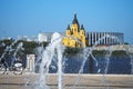 Nizhny Novgorod, Russia, 08.28.2021. View of the temple of Alexander Nevsky in Nizhny Novgorod and the fountain in the foreground