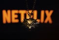 NIZHYN,UKRAINE/21 December 2019: Geralt`s medallion in shape of wolf with Netflix logo on background. New TV series