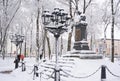 Nikolai Gogol First Monument in Nizhyn, Ukraine, coverd snow.