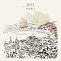 Nizza Nice, France, Europe. Cozy European town on French Riviera, waterfront. Mediterranean sea. Hand drawing. Travel sketch.