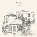 Nizza Postcard. Antique Houses In Nice, France, Europe. Cozy European Town On French Riviera.  Mediterranean Chic. Hand Drawing. T