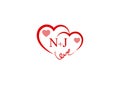 NJ Initial heart shape Red colored love logo Royalty Free Stock Photo