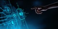 NLP Natural Language processing concept. Human Hand Touching Futuristic Virtual Screen with NLP icon