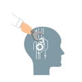 NLP or Neuro-Linguistic Programming concept. Open Human Head and a Hand with a Wrench. Manipulation, Mental health