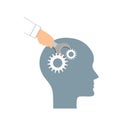 NLP or Neuro-Linguistic Programming concept. Open Human Head and a Hand with a Wrench. Manipulation, Mental health