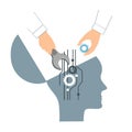 NLP or Neuro-Linguistic Programming concept. Open Human Head and a Hand with a Wrench. Manipulation, Mental health