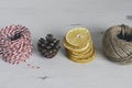 Christmas decoration objects arranged in a row