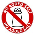 No added salt, information label sign with ban symbol, salt shaker pictogram and circle text.