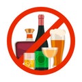No alcohol icon. Alcoholic drink prohibition sign with cartoon beer glass, wine and whiskey bottle in red circle. Ban