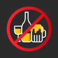 No alcohol icon sign with white yellow wine glass, Liquor bottle, Beer glass in red circle stop sign vector design