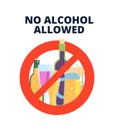 No alcohol sign. Alcoholic beverages, beer in red prohibition symbol. Stop alcoholism bad habits vector concept Royalty Free Stock Photo
