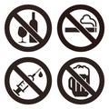 No alcohol sign, No smoking sign, No alcohol sign and No beer sign