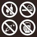 No alcohol sign, No smoking sign, No alcohol sign and No beer sign