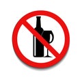 No alcohol sign with red round crossed bottle and wineglass on white background. Not allowed alcohol symbol. Vector illustration