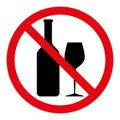 No alcohol symbol, prohibitory sign, red crossed out circle symbol with bottle and glass silhouette Royalty Free Stock Photo