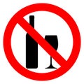 No alcohol zone sign. Wine bottle and glass silhouette in crossed out red circle. No drink Forbidden. Drinking prohibited. Vector. Royalty Free Stock Photo