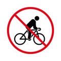 No Allowed Cyclist Black Silhouette Icon. Warning Prohibited Rider Drive Bike. Forbidden Bicycle Pictogram. Attention