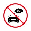 No Allowed Emission Pollution Sign. Prohibited Car Exhaust CO2 Ban Black Silhouette Icon. Vehicle Pipe Smoke Red Stop Royalty Free Stock Photo
