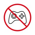 No Allowed Gamepad Control Sign. Prohibited Game Pad Console Red Stop Outline Symbol. Joystick Ban Black Line Icon