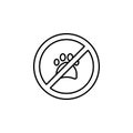 no animals, no pets, paw print, not allowed, prohibition line icon on white back