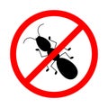 No ant with ban sign. Anti ant pest control ban, prohibition insects silhouette vector.