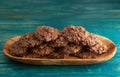 No Bake Chocolate Peanut Butter and Oat Cookies on Wooden Table