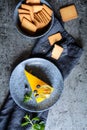 No bake mango cheesecake decorated with blueberries and physalis Royalty Free Stock Photo