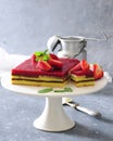 No bake vanilla and strawberry mousse layer cake with biscuits