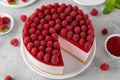 No baked raspberry cheesecake or raspberry cream mousse cake with jelly and fresh berries on top on a white plate on a gray Royalty Free Stock Photo