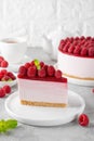 No baked raspberry cheesecake or raspberry cream mousse cake with jelly and fresh berries on top on a white plate on a gray Royalty Free Stock Photo