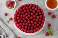 No baked raspberry cheesecake or raspberry cream mousse cake with jelly and fresh berries on top on a white plate Royalty Free Stock Photo