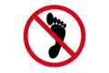 No barefoot red sign. Prohibition circle with silhouette of feet print icon. Do not step here sign Royalty Free Stock Photo