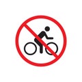 No bicycle ride vector icon. Forbidden bicycling sign. Warning, caution, attention, restriction, danger symbol for graphic design