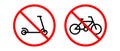 No bicycle, no scooter vector icons set. Red prohibition sign with a bicycle and electric scooter Royalty Free Stock Photo