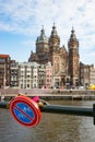 No Bicycle Sign near Basilica of Saint Nicholas in Amsterdam Royalty Free Stock Photo