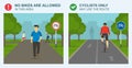 No bikes are allowed and cyclists only may use the route sign. Front view of a pedestrians and back view of cycling bike rider.